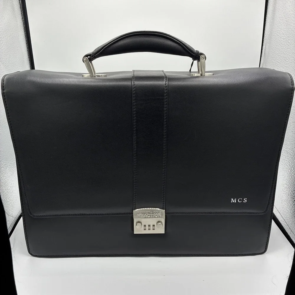 Kenneth Cole Reaction Leather Laptop Case Briefcase Black NWT W/ Strap & lock